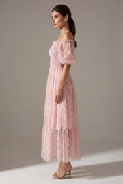 Embroidery Strapless Dress Printed Net Yarn Long Floral Dress Women — Pink — AI-generated studio right-side profile