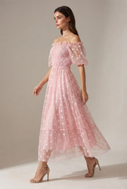 Embroidery Strapless Dress Printed Net Yarn Long Floral Dress Women — Pink — AI-generated studio left-side walking view
