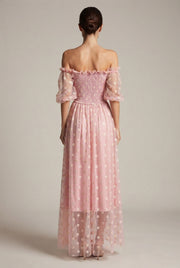 Embroidery Strapless Dress Printed Net Yarn Long Floral Dress Women — Pink — AI-generated studio back view