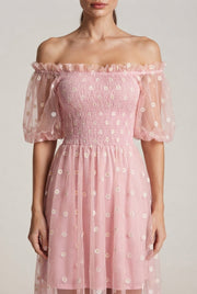 Embroidery Strapless Dress Printed Net Yarn Long Floral Dress Women — Pink — AI-generated studio bodice detail