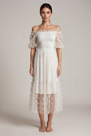 Embroidery Strapless Dress Printed Net Yarn Long Floral Dress Women — White — AI-generated studio front view