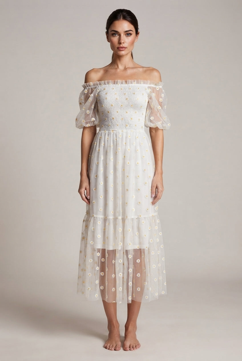 Embroidery Strapless Dress Printed Net Yarn Long Floral Dress Women — White — AI-generated studio front view
