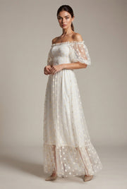 Embroidery Strapless Dress Printed Net Yarn Long Floral Dress Women — White — AI-generated studio three-quarter view