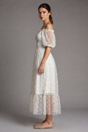 Embroidery Strapless Dress Printed Net Yarn Long Floral Dress Women — White — AI-generated studio right-side profile