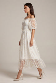 Embroidery Strapless Dress Printed Net Yarn Long Floral Dress Women — White — AI-generated studio left-side walking view