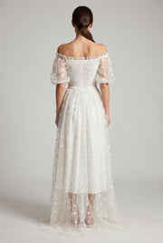 Embroidery Strapless Dress Printed Net Yarn Long Floral Dress Women — White — AI-generated studio back view