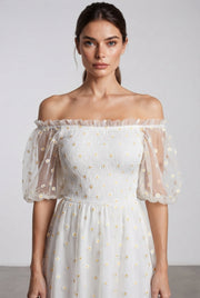 Embroidery Strapless Dress Printed Net Yarn Long Floral Dress Women — White — AI-generated studio bodice detail