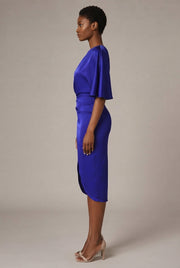 European And American Women's Yellow One-shoulder Satin Dress — Blue — AI-generated studio right-side profile
