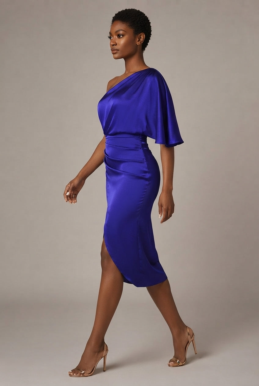 European And American Women's Yellow One-shoulder Satin Dress — Blue — AI-generated studio left-side walking view