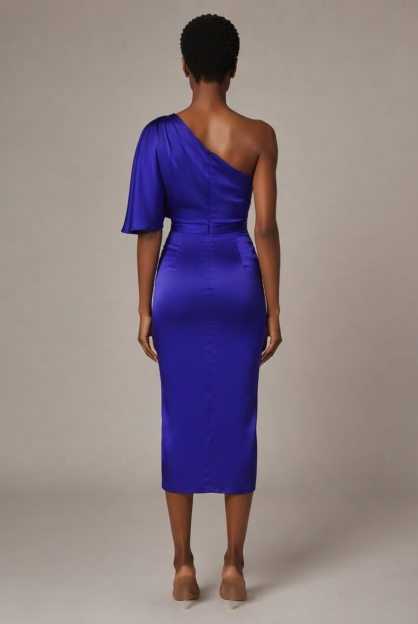 European And American Women's Yellow One-shoulder Satin Dress — Blue — AI-generated studio back view