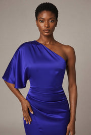 European And American Women's Yellow One-shoulder Satin Dress — Blue — AI-generated studio bodice detail