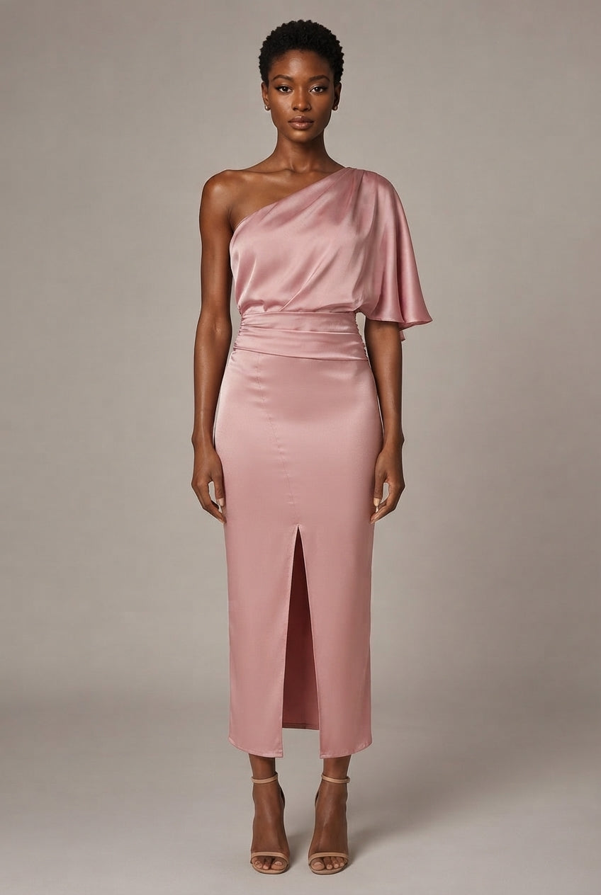 European And American Women's Yellow One-shoulder Satin Dress — Pink — AI-generated studio front view