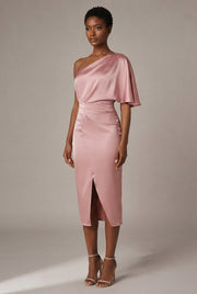 European And American Women's Yellow One-shoulder Satin Dress — Pink — AI-generated studio three-quarter view