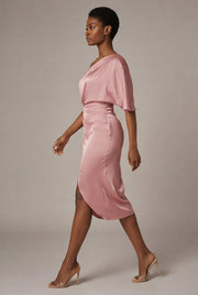 European And American Women's Yellow One-shoulder Satin Dress — Pink — AI-generated studio left-side walking view