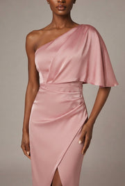 European And American Women's Yellow One-shoulder Satin Dress — Pink — AI-generated studio bodice detail