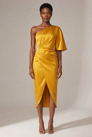 European And American Women's Yellow One-shoulder Satin Dress — Yellow — AI-generated studio front view