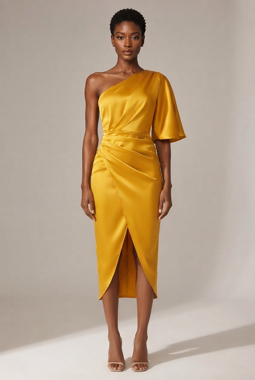 European And American Women's Yellow One-shoulder Satin Dress — Yellow — AI-generated studio front view