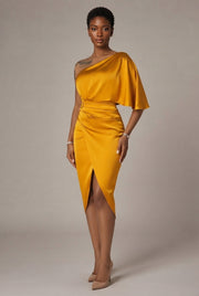European And American Women's Yellow One-shoulder Satin Dress — Yellow — AI-generated studio three-quarter view