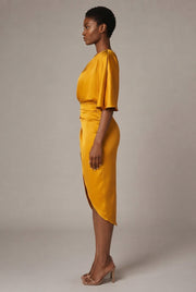 European And American Women's Yellow One-shoulder Satin Dress — Yellow — AI-generated studio right-side profile