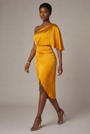 European And American Women's Yellow One-shoulder Satin Dress — Yellow — AI-generated studio left-side walking view