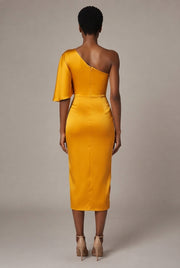 European And American Women's Yellow One-shoulder Satin Dress — Yellow — AI-generated studio back view