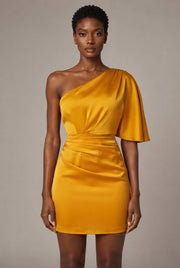 European And American Women's Yellow One-shoulder Satin Dress — Yellow — AI-generated studio bodice detail