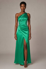 Fashion One Shoulder Satin Split Lady Dress — Green — AI-generated studio front view
