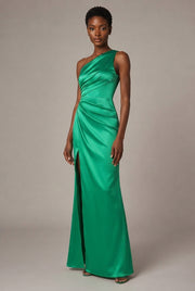 Fashion One Shoulder Satin Split Lady Dress — Green — AI-generated studio three-quarter view