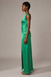 Fashion One Shoulder Satin Split Lady Dress — Green — AI-generated studio right-side profile