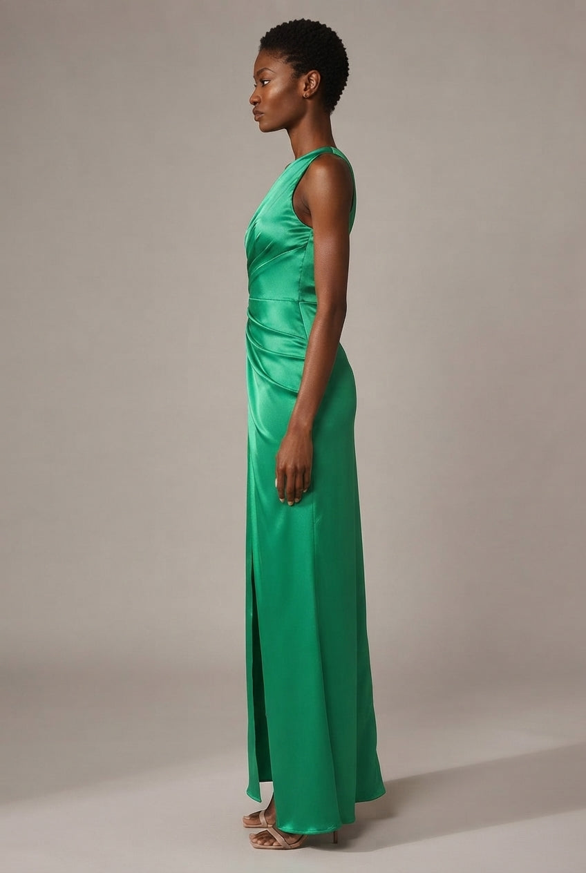 Fashion One Shoulder Satin Split Lady Dress — Green — AI-generated studio right-side profile