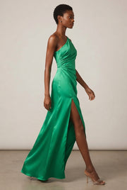 Fashion One Shoulder Satin Split Lady Dress — Green — AI-generated studio left-side walking view