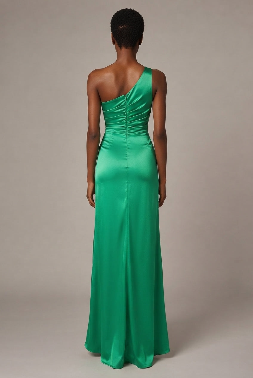 Fashion One Shoulder Satin Split Lady Dress — Green — AI-generated studio back view