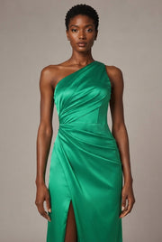 Fashion One Shoulder Satin Split Lady Dress — Green — AI-generated studio bodice detail