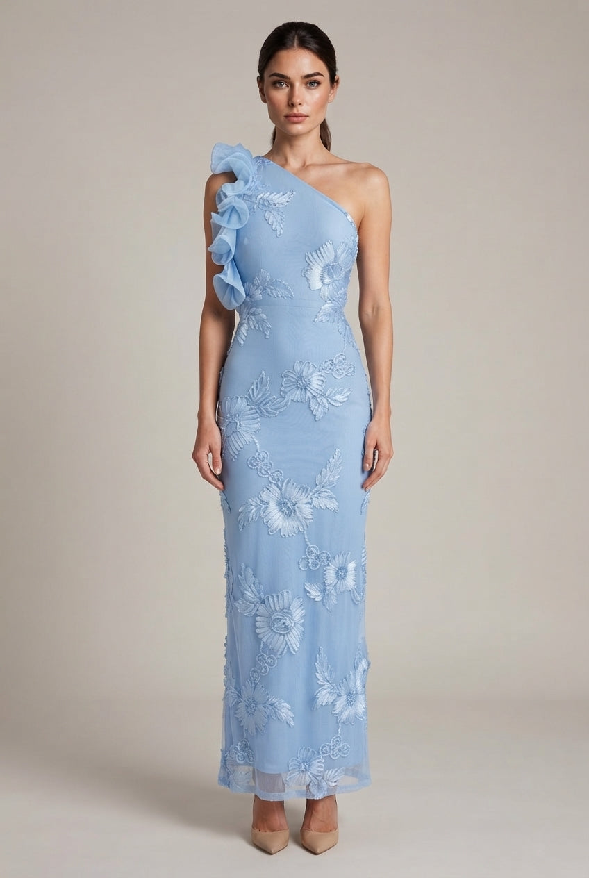 Fashionable Strapless Sheath Dress With Three-Dimensional Floral Embroidery Sexy And Chic — Blue — AI-generated studio front view