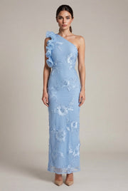 Fashionable Strapless Sheath Dress With Three-Dimensional Floral Embroidery Sexy And Chic — Blue — AI-generated studio front view