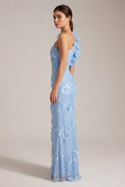 Fashionable Strapless Sheath Dress With Three-Dimensional Floral Embroidery Sexy And Chic — Blue — AI-generated studio right-side profile