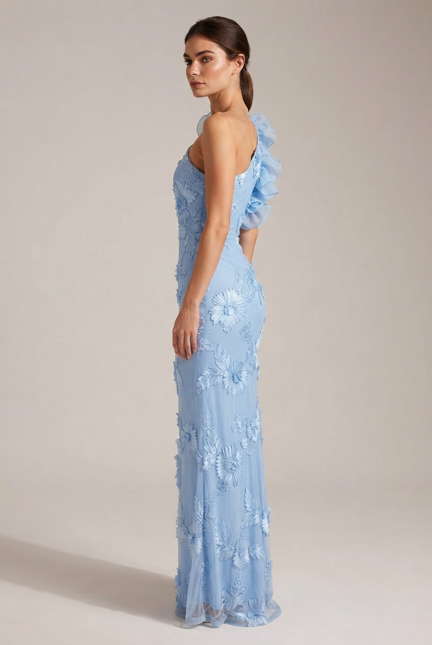 Fashionable Strapless Sheath Dress With Three-Dimensional Floral Embroidery Sexy And Chic — Blue — AI-generated studio right-side profile