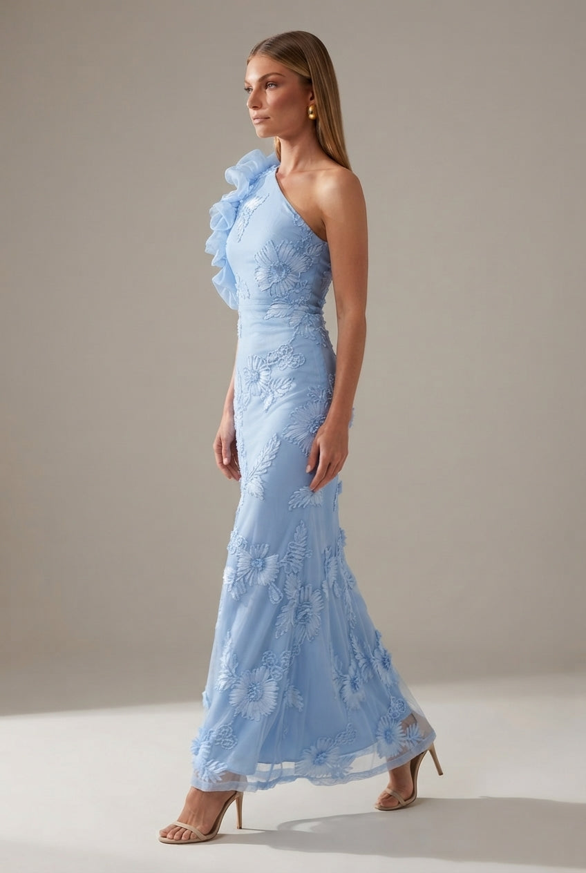Fashionable Strapless Sheath Dress With Three-Dimensional Floral Embroidery Sexy And Chic — Blue — AI-generated studio left-side walking view