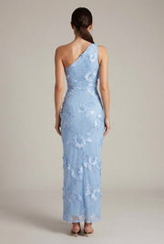 Fashionable Strapless Sheath Dress With Three-Dimensional Floral Embroidery Sexy And Chic — Blue — AI-generated studio back view