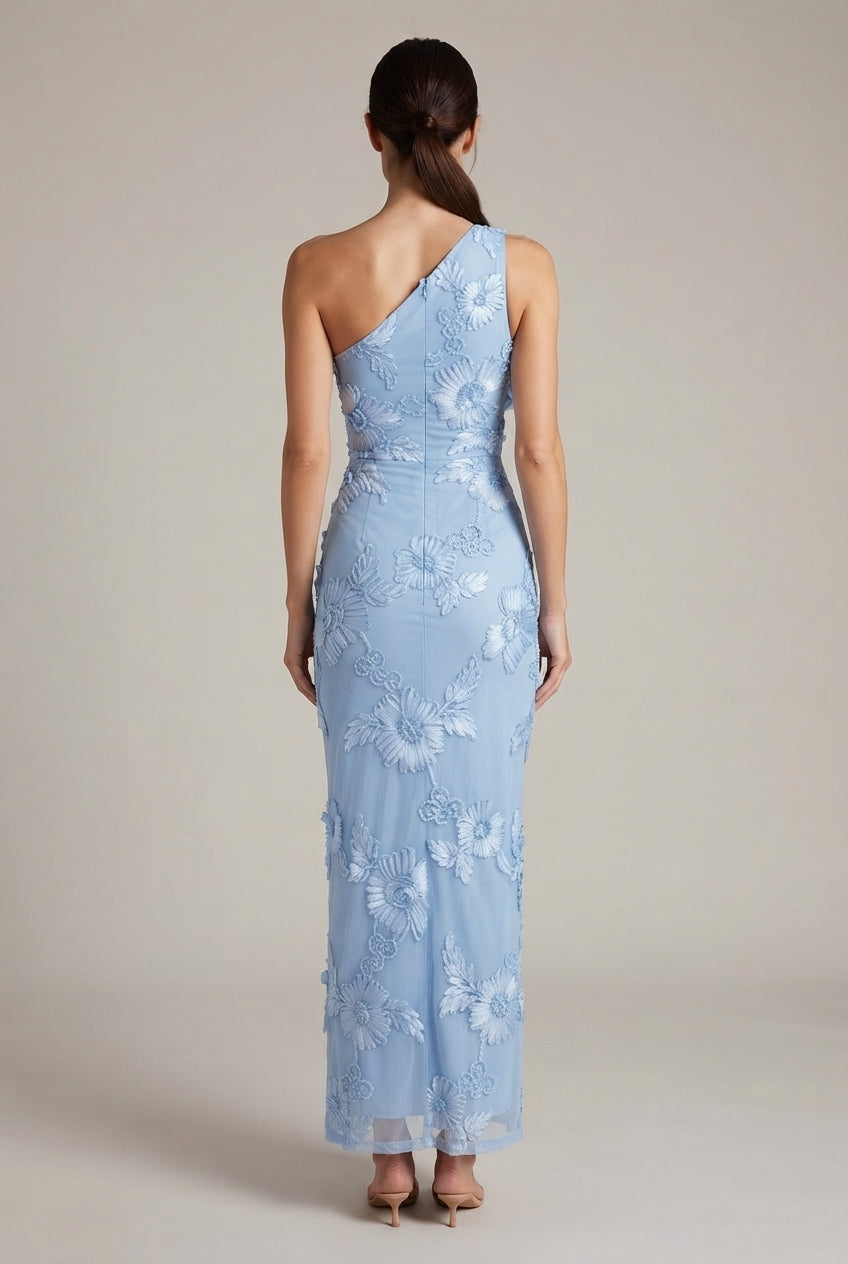 Fashionable Strapless Sheath Dress With Three-Dimensional Floral Embroidery Sexy And Chic — Blue — AI-generated studio back view