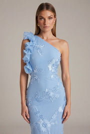 Fashionable Strapless Sheath Dress With Three-Dimensional Floral Embroidery Sexy And Chic — Blue — AI-generated studio bodice detail
