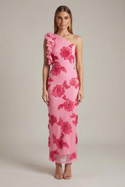 Fashionable Strapless Sheath Dress With Three-Dimensional Floral Embroidery Sexy And Chic — Pink — AI-generated studio front view