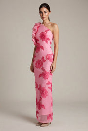 Fashionable Strapless Sheath Dress With Three-Dimensional Floral Embroidery Sexy And Chic — Pink — AI-generated studio three-quarter view