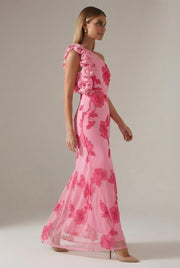 Fashionable Strapless Sheath Dress With Three-Dimensional Floral Embroidery Sexy And Chic — Pink — AI-generated studio left-side walking view