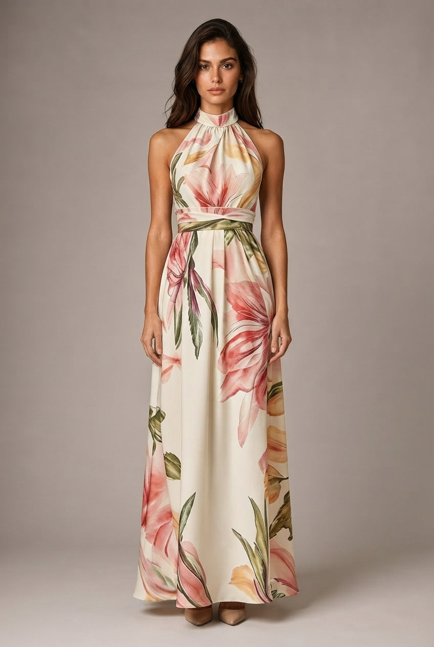 Faux-wind Elegant Slimming Maxi Dress For Women — Apricot — AI-generated studio front view