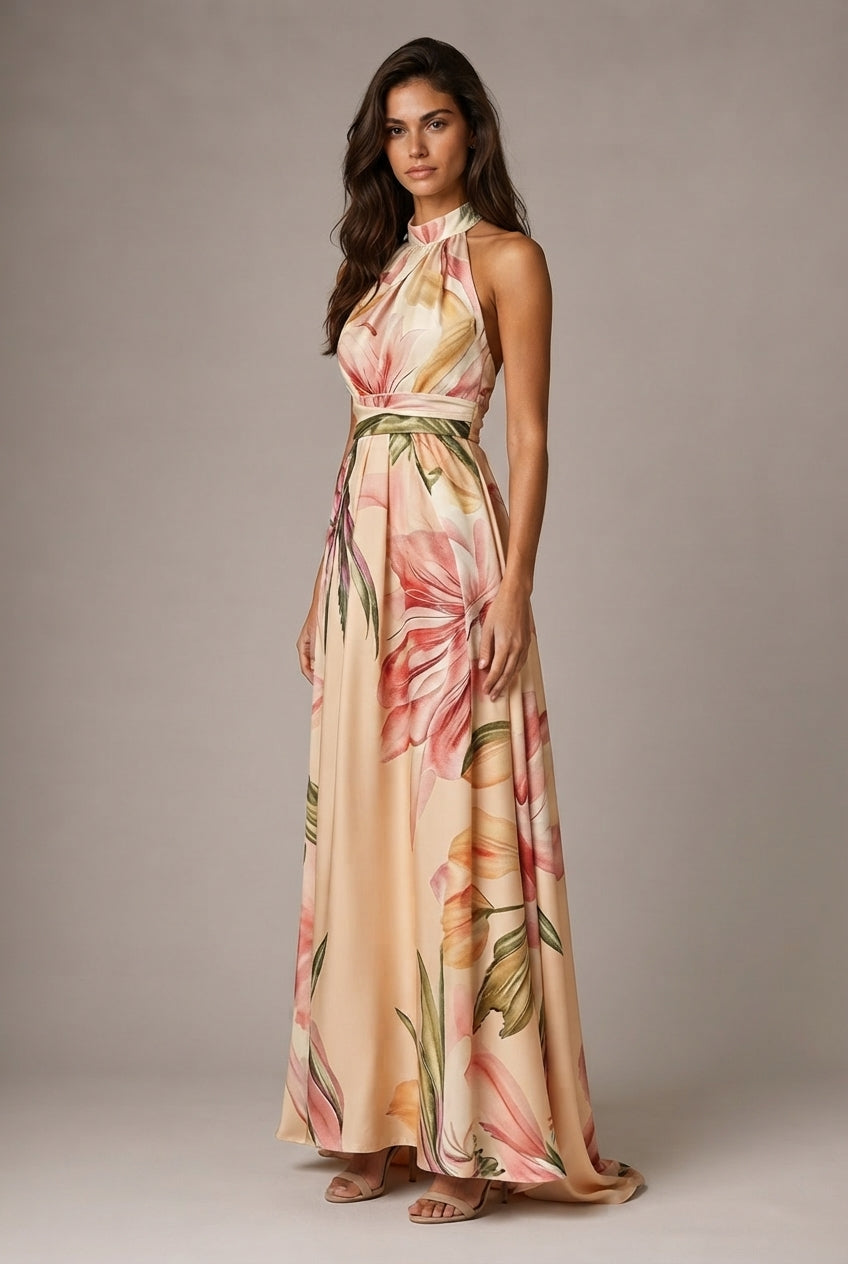 Faux-wind Elegant Slimming Maxi Dress For Women — Apricot — AI-generated studio three-quarter view