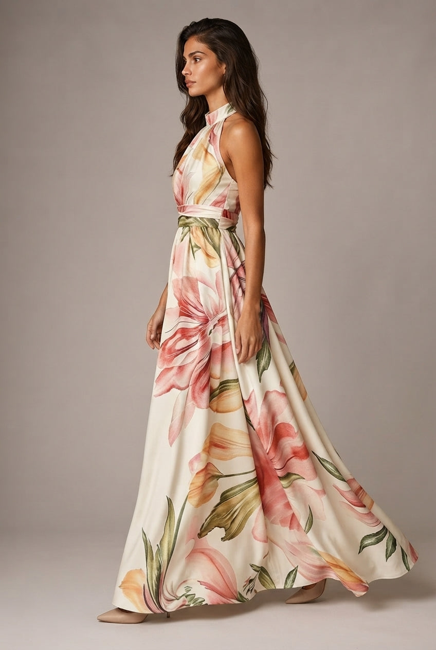 Faux-wind Elegant Slimming Maxi Dress For Women — Apricot — AI-generated studio left-side walking view