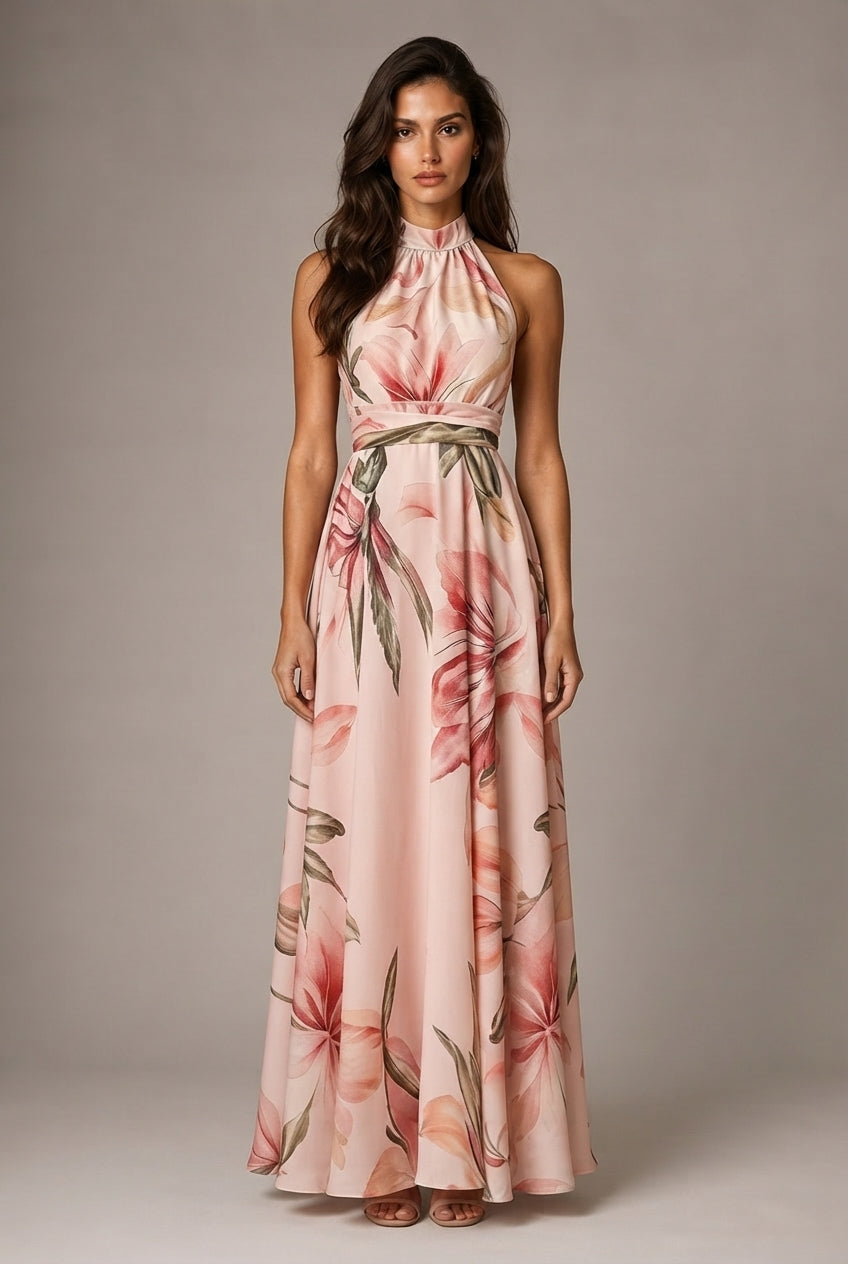 Faux-wind Elegant Slimming Maxi Dress For Women — Pink — AI-generated studio front view