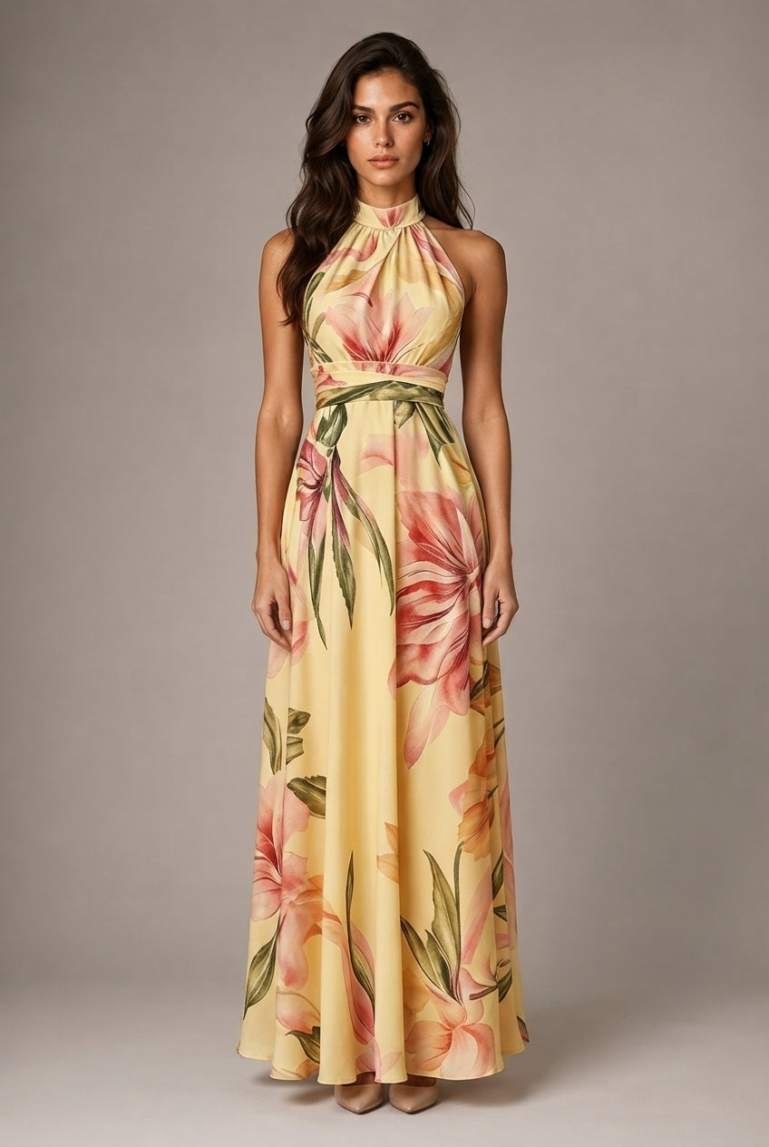 Faux-wind Elegant Slimming Maxi Dress For Women — Warm Yellow — AI-generated studio front view