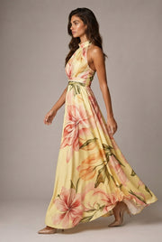 Faux-wind Elegant Slimming Maxi Dress For Women — Warm Yellow — AI-generated studio left-side walking view